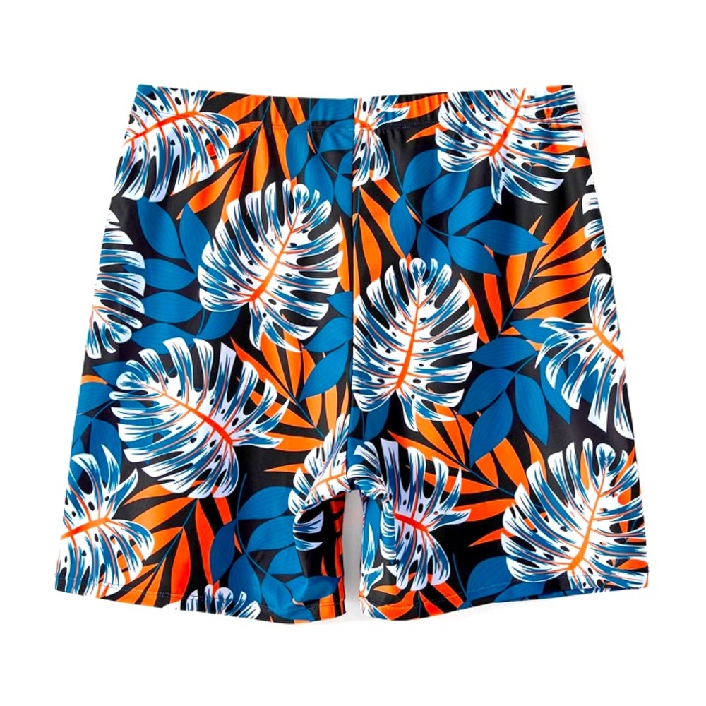 Men’s Tropical Palm Frond Swim Shorts, Blue & Orange, Sz Medium
